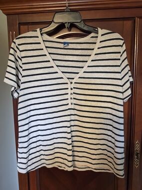 Old Navy White and Black Striped Short Sleeve Henley Top